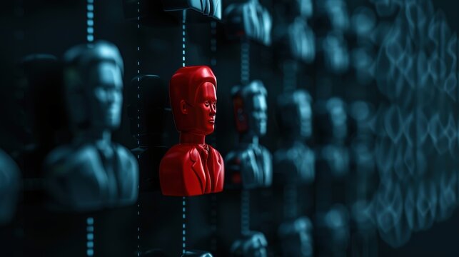 Standout red figure among rows of black figures, symbolizing individuality and uniqueness in a digital or conceptual space.