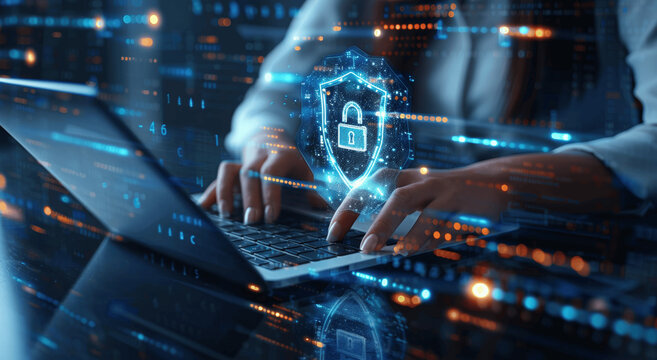 Data protection network security digital shield cyber defense technology concept for business and financial online safety against cyber attacks with hands using laptop