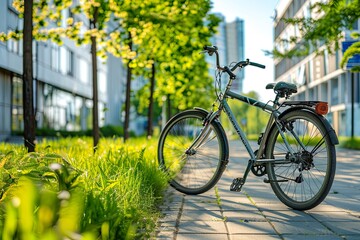 Fototapeta premium Bicycle parked in front of office park with greenery