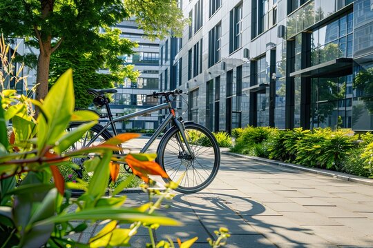 Bicycle parked in front of office park with greenery