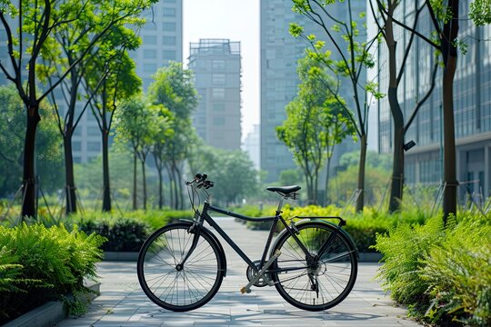 Bicycle parked in front of office park with greenery