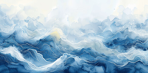 Fototapeta premium Cheerful Cartoon Ocean Wave Background for Beach Party or Travel, Blue and Teal Watercolor Waves, Light Colors, Copy Space for Text