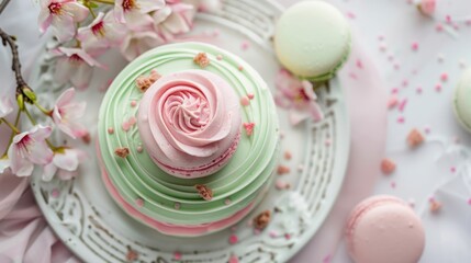 Food photography of a birthday cake with macaron in pink and green pastel color. Delicious food