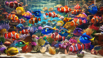 Obraz premium Vibrant underwater scene featuring colorful tropical fish swimming among diverse coral reefs, marine life