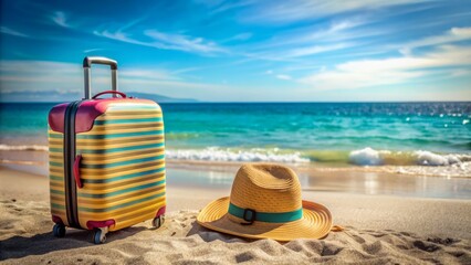 A stylish summer hat lies abandoned beside a colorful luggage set on a serene beach, evoking feelings of relaxation.