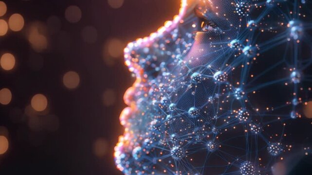 human head covered in molecular grid dots footage