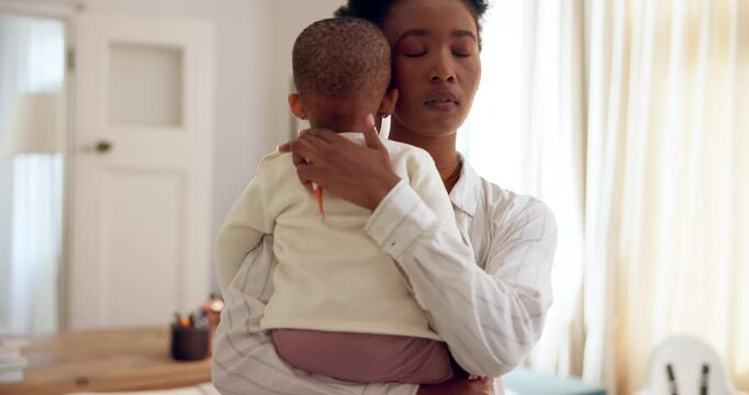 Thermometer, baby and fever with black woman in lounge, sick or medical help for child in home living room. Illness, cold and temperature check for newborn, mom person and worry for healthcare risk