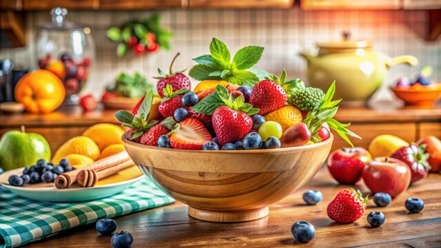 Vibrant fruits overflow from a colorful bowl on a warm wooden counter, surrounded by rustic kitchen utensils and fresh greenery.