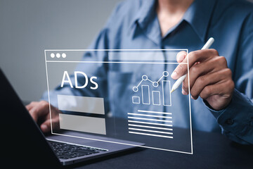 Digital marketing commerce online sale concept. Planning advertising marketing strategies to target social media native, ad, advertisers, sales. Businessman working with advertising on website.