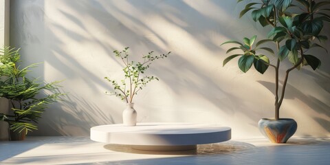 a closeup view of a realistic podium for displaying products changing natural sunny and luminous lights vibrant colours white walls