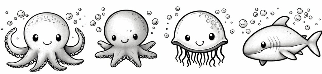 Cute Sea Animals Coloring Pages for Kids - Octopus, Jellyfish, Starfish and Shark in Simple Cartoon Style