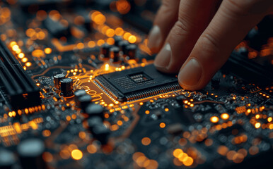 The computer engineer disassembling and repairing a PC motherboard, technology, upgrade, maintenance, and computer hardware expertise