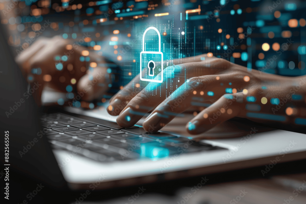 Wall mural businessman ensures cybersecurity with secure laptop login enhanced by encryption and authentication