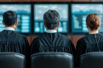 Fototapeta premium Panel of judges in courtroom with digital network displays showing legislation updates, Judge and Network, Integrated digital judiciary