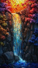 Artistic stained glass depicting a waterfall surrounded by vibrant, colorful flowers, blending natural beauty and intricate craftsmanship.

