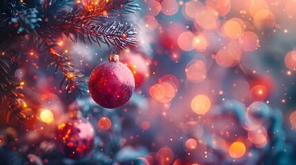 a red ornament hanging from a christmas tree.