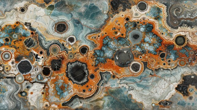 Abstract geological pattern featuring vibrant colors and intricate textures, resembling a natural stone or mineral formation.