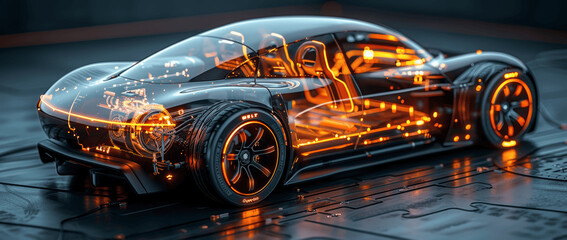 Fototapeta premium Hyper Realistic 3D Render of High-Tech Electric Vehicle Chassis with Battery and Motor Showcasing Energy Flow in Futuristic Concept