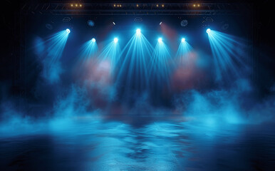 Blue Stage Spotlights with Smoke Volume Light Effect on Black Background Concert Theater Night Club