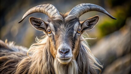 A majestic, grayish-brown goat, with a rugged, shaggy coat and curved horns, gazes intensely into the camera's lens, isolately.