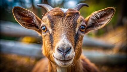 Adorable gentle brown goat with soft fluffy fur and curious bright eyes peering directly into the camera lens.