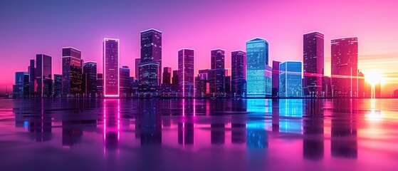 Stunning modern cityscape with neon lights reflecting on water during a vibrant sunset, showcasing futuristic skyscrapers and urban architecture.