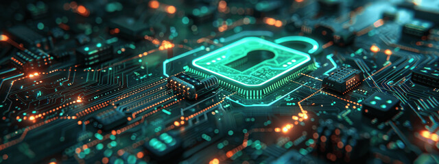 digital safety and secure access with green lock icon on circuit board backdrop in cartoonish 2D game art style for cybersecurity services and online protection