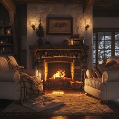 Wide shot of a cozy living room with a fireplace, crackling fire casting a warm glow, comfortable armchairs and soft blankets, evening light, inviting and tranquil.