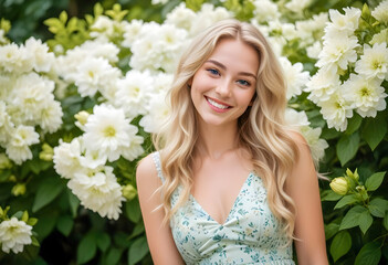 Fototapeta premium Serene Young Woman with Green Eyes and Dark Hair Touching Face