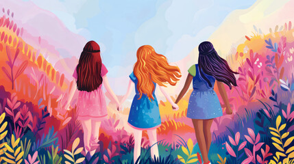 Three friends walking through a field of flowers on a sunny day