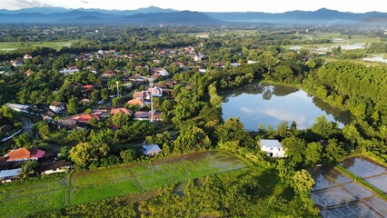 Aerial view of rice field and village in the countryside
