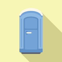 Blue mobile toilet cabin standing on the ground, public bio toilet, flat design icon with long shadow