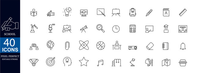 Set of icons for shool. Pixel Perfect. Editable stroke. Vector illustration