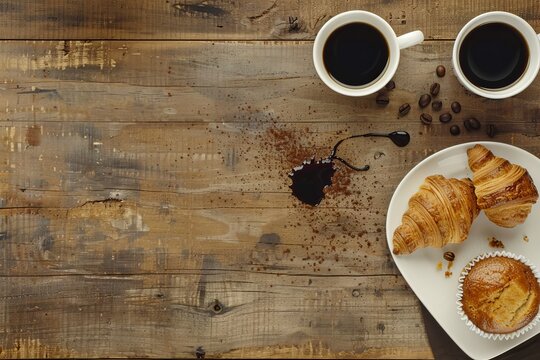 A rustic wooden table scene with two cups of coffee, two croissants, a muffin, and coffee beans scattered around.