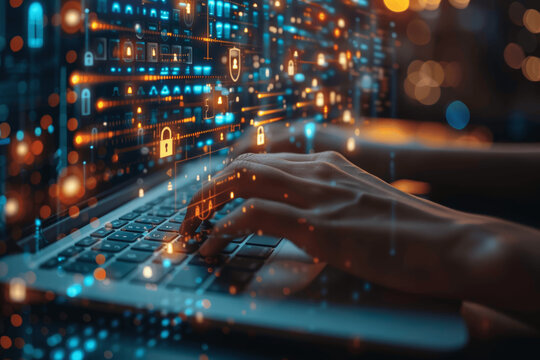 Cyber Security Concept with Businesswoman Typing on Laptop, Selecting Security Icon on Virtual Display