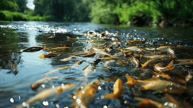 Dead fish float in polluted river water with green vegetation in background