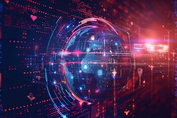 Obraz premium A digital illustration depicting a globe embedded within a network of digital connections, emphasizing global connectivity and cybersecurity