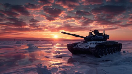 Frosty Expedition: Tank Crossing Frozen Wasteland at Winter Sunset