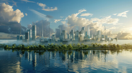 Naklejka premium A futuristic cityscape powered by various renewable energy sources, including solar, wind, and hydroelectric power