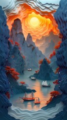 Ha Long Bay Vietnam Boats Mountains at Sunrise Sunset Paper Cut Phone Wallpaper Background Illustration