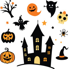 halloween set background with pumpkin and bats