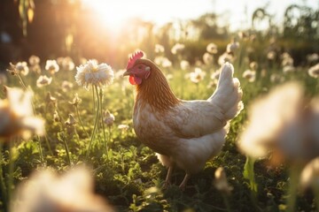 Fototapeta premium Chicken in the field sunlight outdoors poultry.