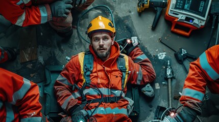 Fototapeta premium A man in a yellow helmet and orange jacket is laying on the ground