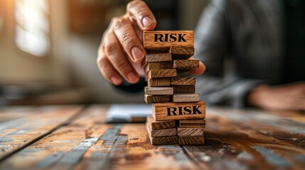 Hand Placing Wooden Block with Risk Written on It on Top of Tower