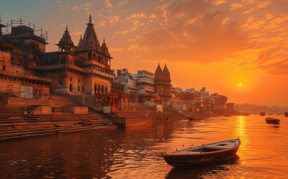 Varanasi Ghat and Boat on Ganges River at Sunset Fractal Art Ancient Cityscape Hindu Temples Golden Hour Stone Steps Manikarnika Ghat