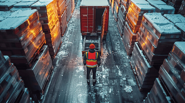 Refrigerated Cargo Unloading in Warehouse with Safety Vest Worker and Industrial Truck in Big Hangar Frozen Boxes Pallets Food Delivery Service Cold Chain Logistics