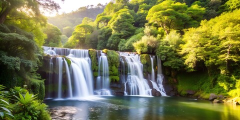 Obraz premium Waterfall Cascading Through Verdant Forest