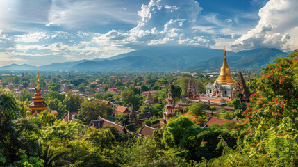A panoramic view of the ancient city of Chiang Mai, with its historic temples and lush green surroundings