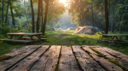 Fototapeta premium Wooden table top on blur tent camping travel tent and grass field.Fresh and Relax concept.For montage product display or design key visual layout.View of copy space.