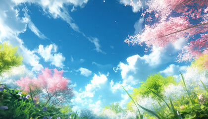 Fototapeta premium a brilliant blue spring sky, with a few fluffy white clouds drifting lazily and casting gentle shadows over a landscape coming to life